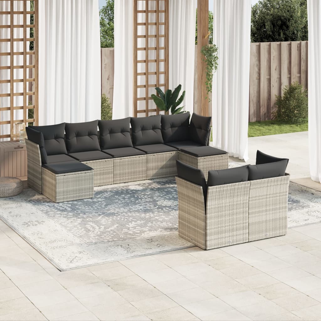 Set Divano Da Giardino 9pz Con Cuscini Grigio Chiaro Polyrattan