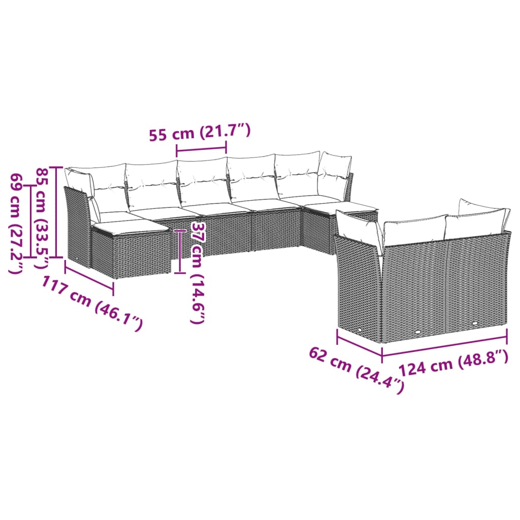 Set Divano Da Giardino 9pz Con Cuscini Grigio Chiaro Polyrattan - Image 3