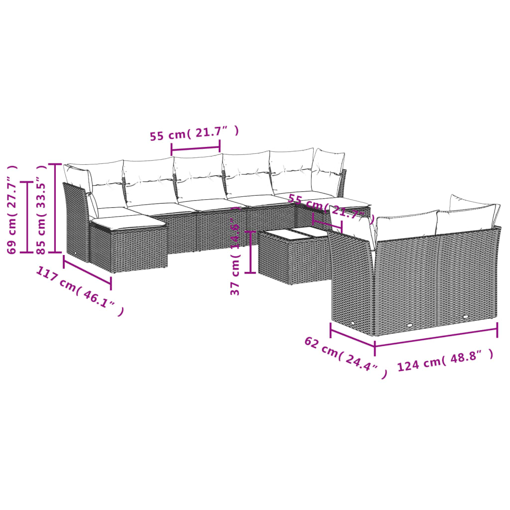 Set Divano Da Giardino 10 Pz Con Cuscini Grigio In Polyrattan - Image 3