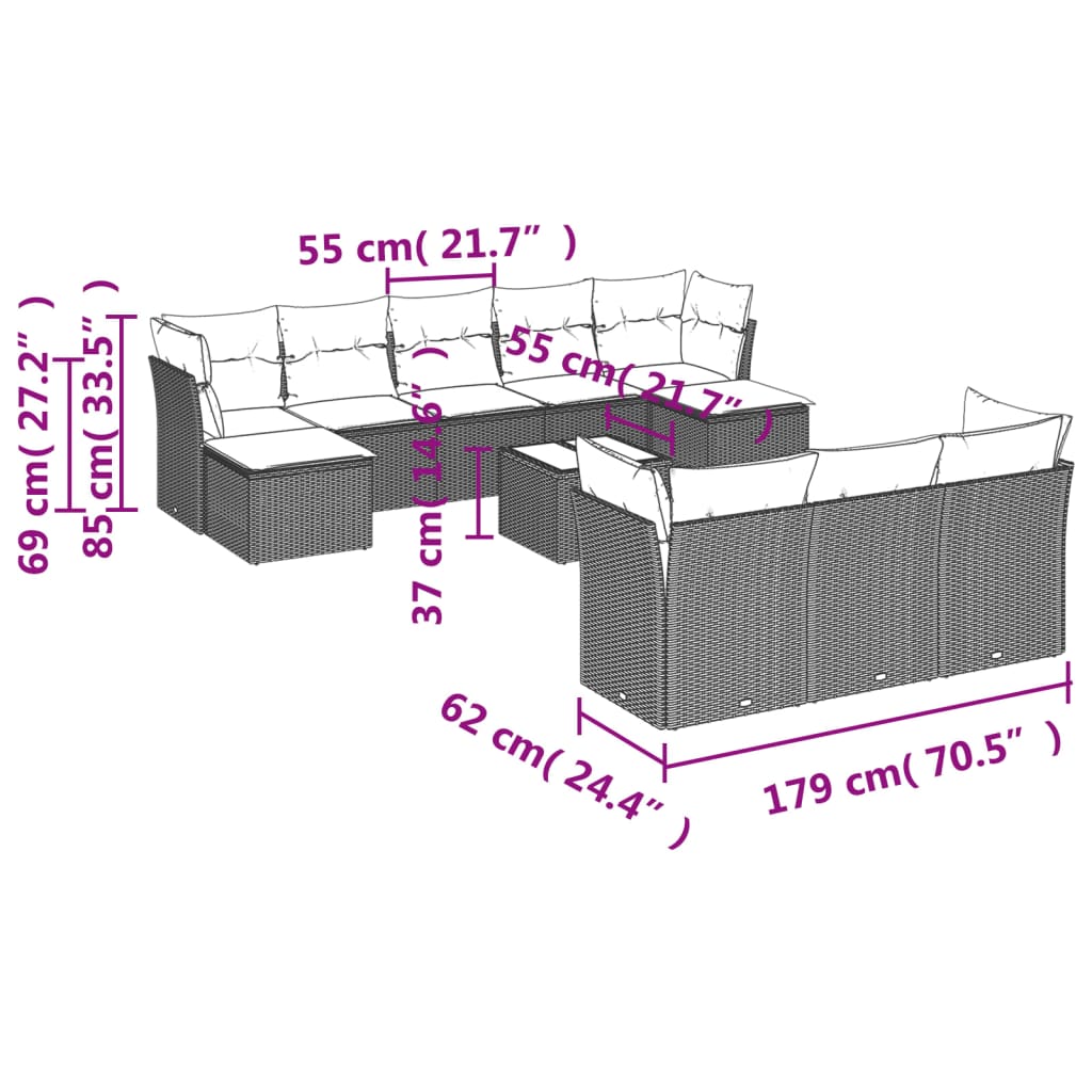 Set Divani Da Giardino 11 Pz Con Cuscini In Polyrattan Grigio - Image 3