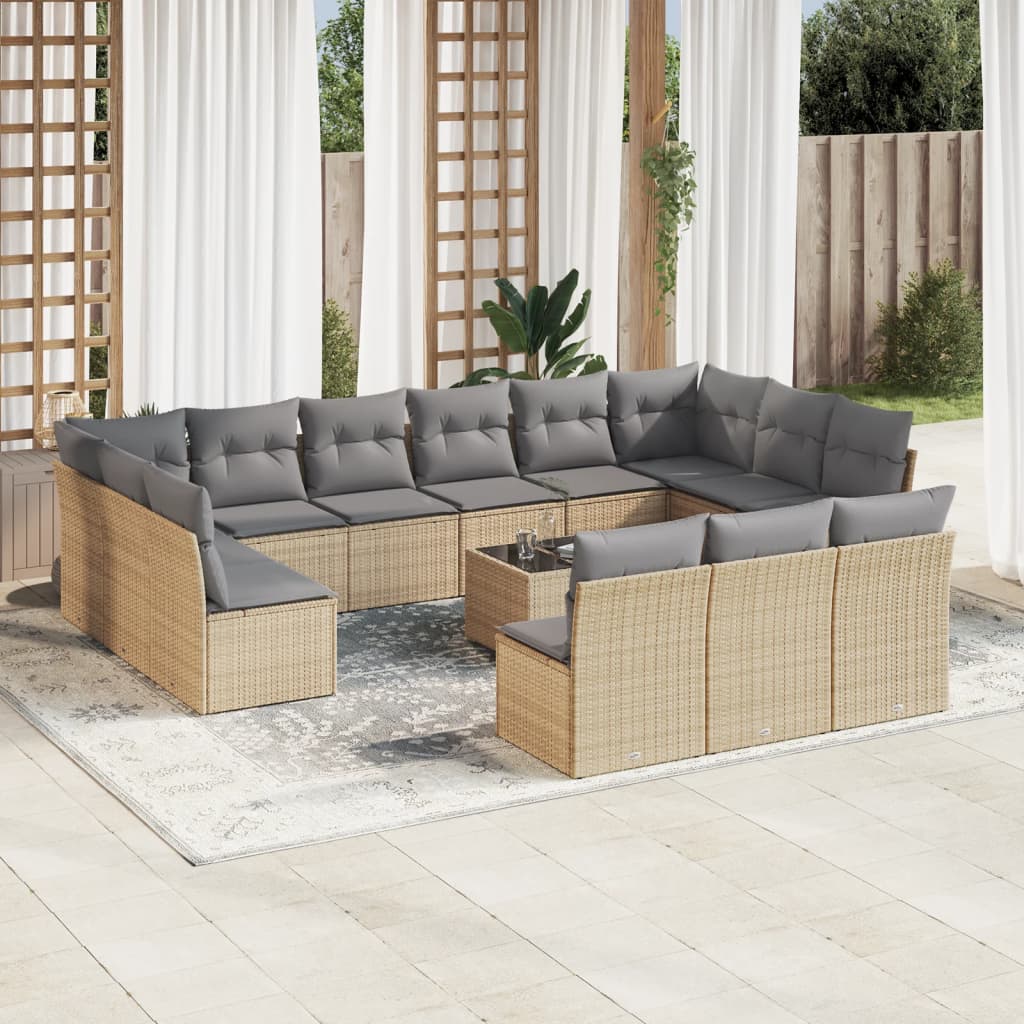 Set Divani Da Giardino 14pz Con Cuscini In Polyrattan Beige
