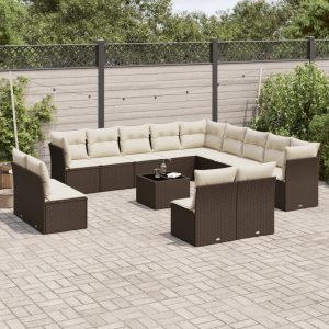 Set Divani Da Giardino 14pz Con Cuscini In Polyrattan Marrone