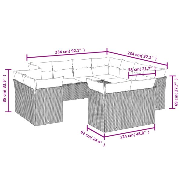 Set Divani Da Giardino 11 Pz Con Cuscini In Polyrattan Grigio - Image 3