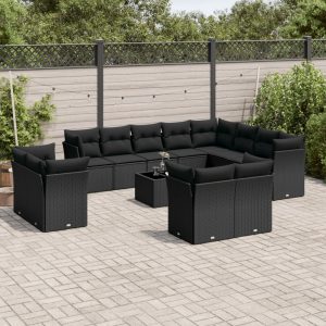Set Divani Da Giardino 13pz Con Cuscini Nero In Polyrattan