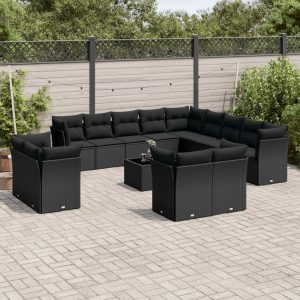 Set Divani Da Giardino 14pz Con Cuscini In Polyrattan Nero