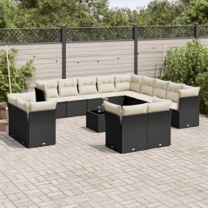 Set Divani Da Giardino 14pz Con Cuscini In Polyrattan Nero