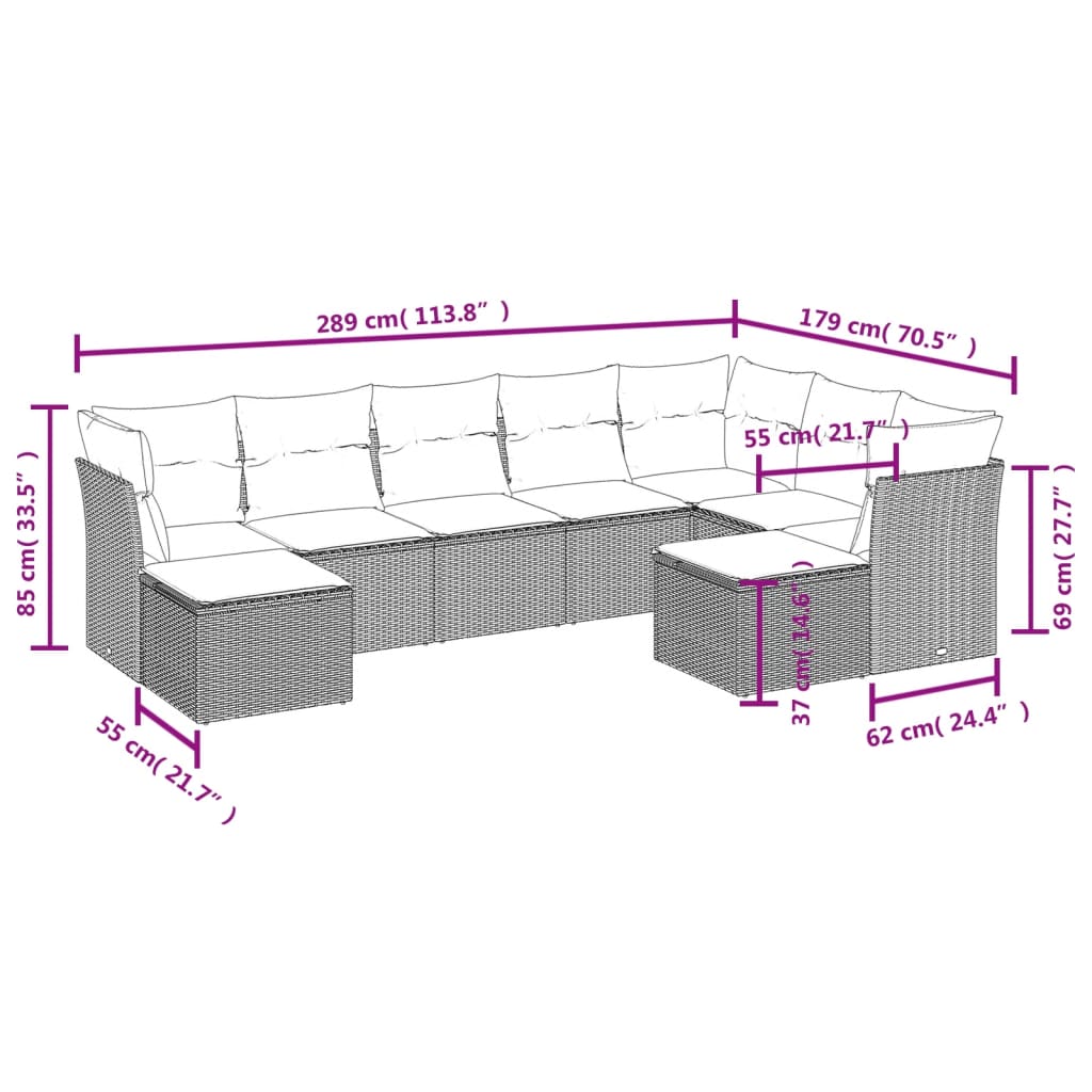 Set Divano Da Giardino 9 Pz Con Cuscini Grigio In Polyrattan - Image 3