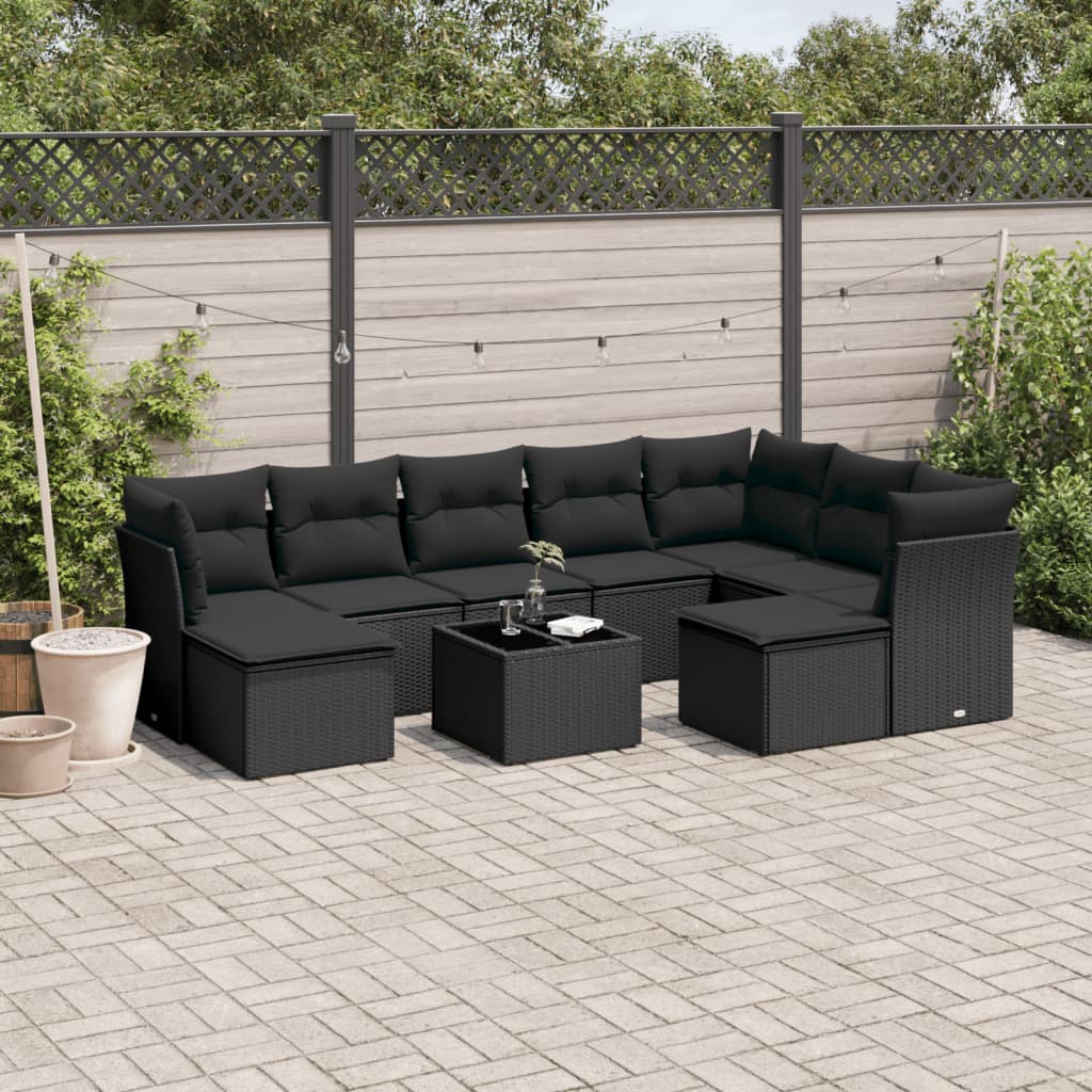 Set Divani Da Giardino 10pz Con Cuscini In Polyrattan Nero