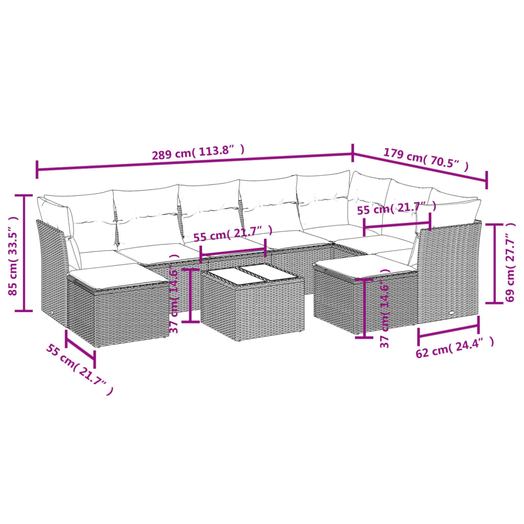 Set Divani Da Giardino 10pz Con Cuscini In Polyrattan Nero - Image 3