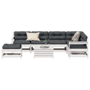 Set Salotto Giardino 8pz Con Cuscini Bianco Legno Massello Pino