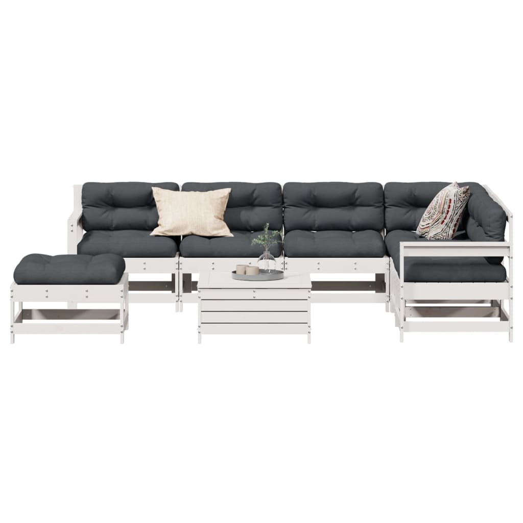 Set Salotto Giardino 8pz Con Cuscini Bianco Legno Massello Pino