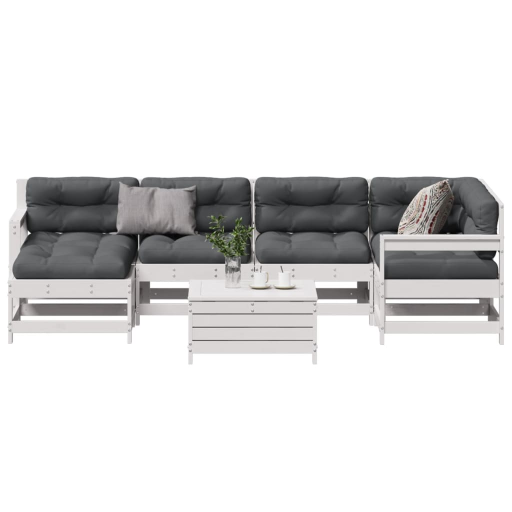 Set Salotto Giardino 7pz Con Cuscini Bianco Legno Massello Pino