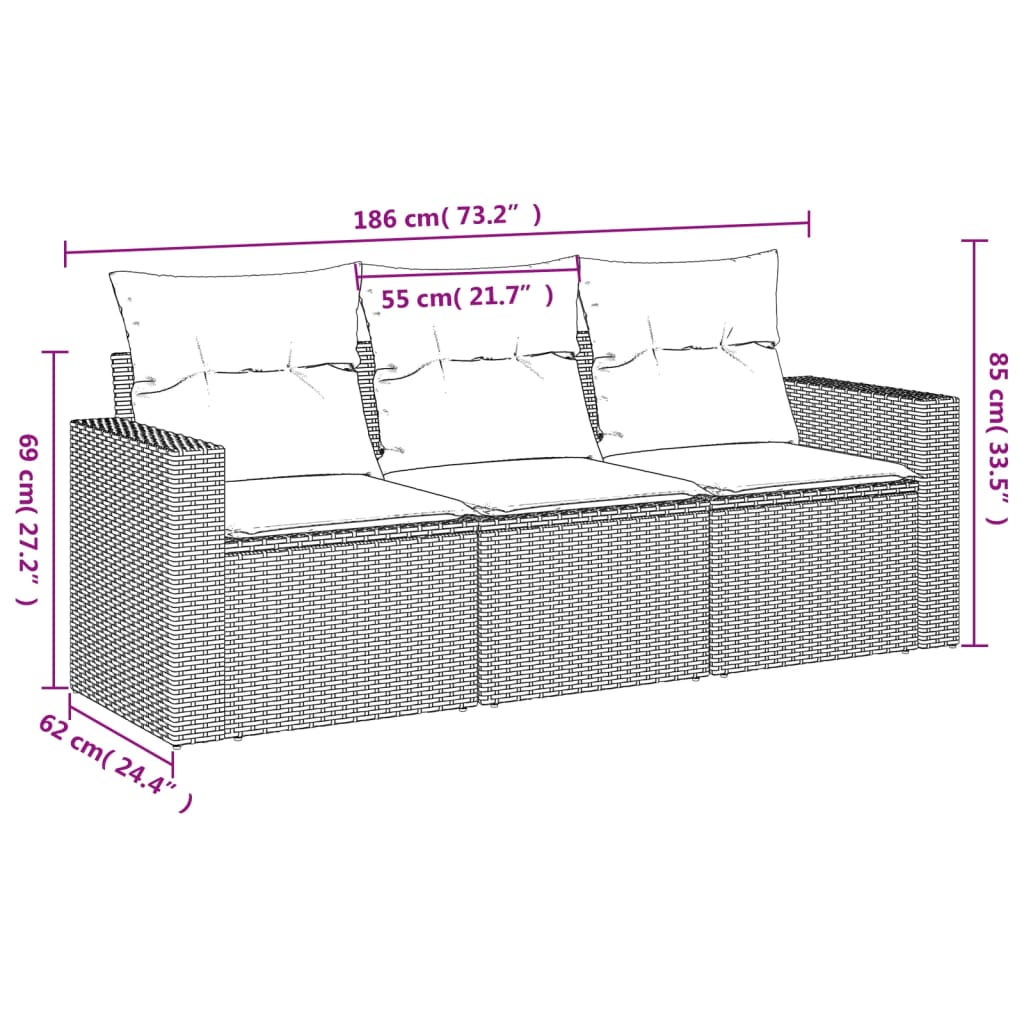 Set Divano Da Giardino 3 Pz Con Cuscini Marrone In Polyrattan - Image 3