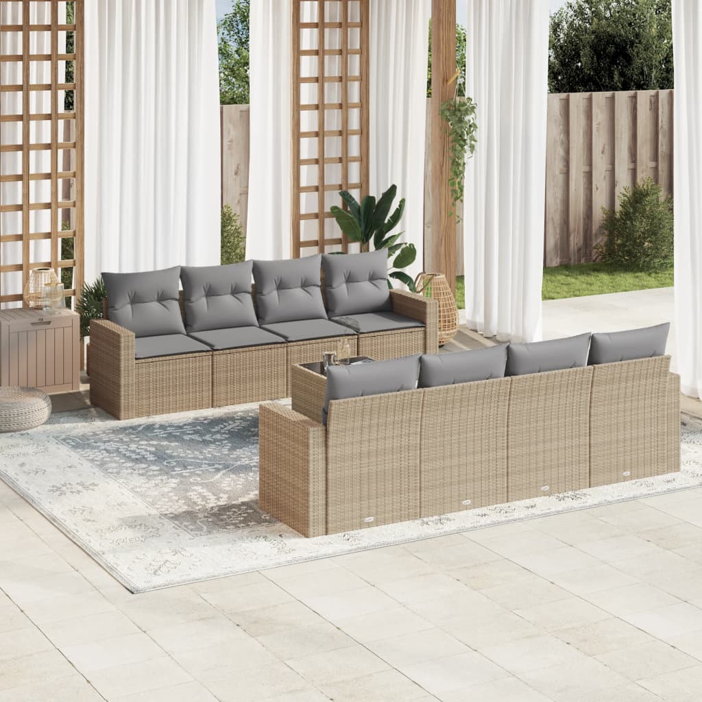 Set Divano Da Giardino 9 Pz Con Cuscini Beige In Polyrattan