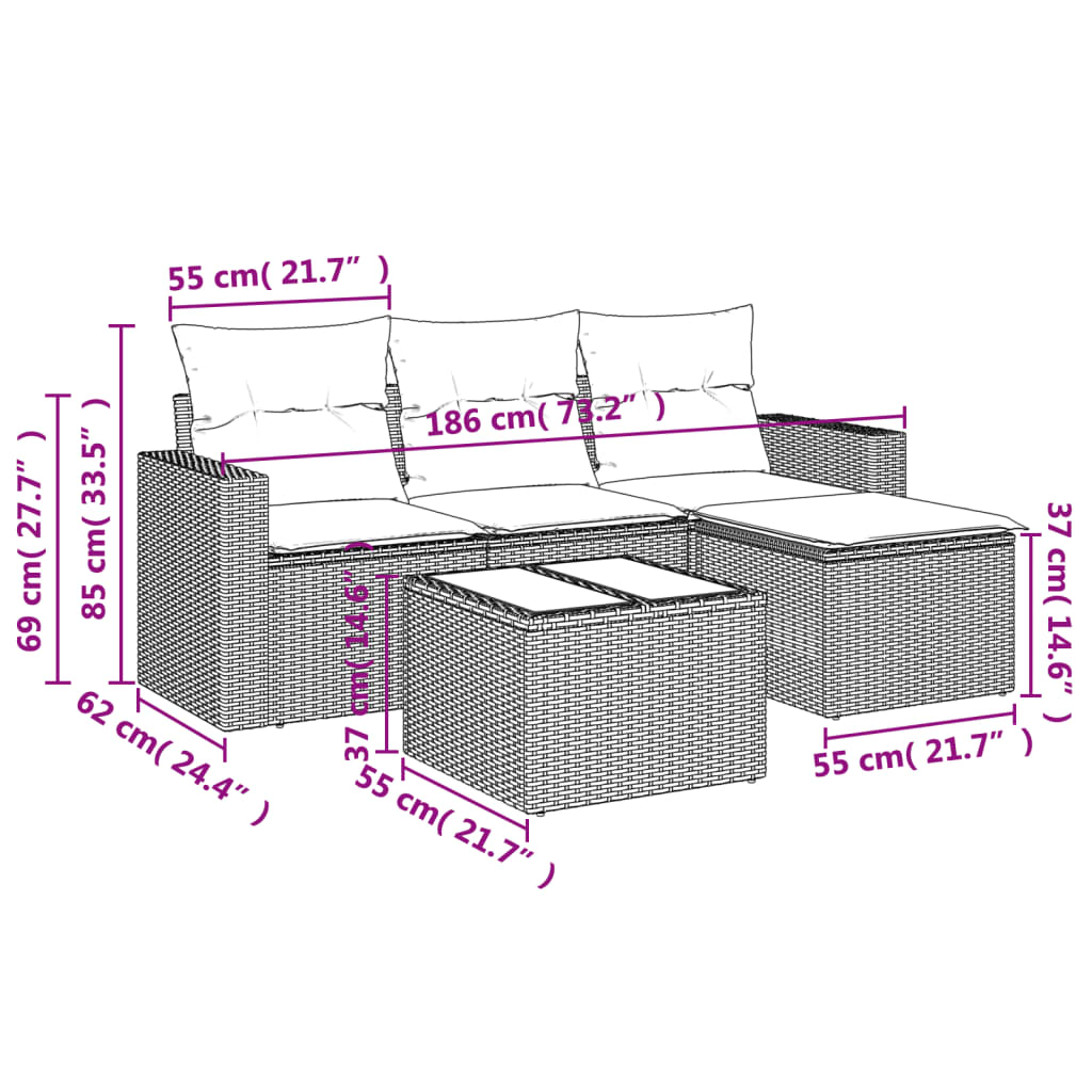 Set Divano Da Giardino 5 Pz Con Cuscini Beige In Polyrattan - Image 3