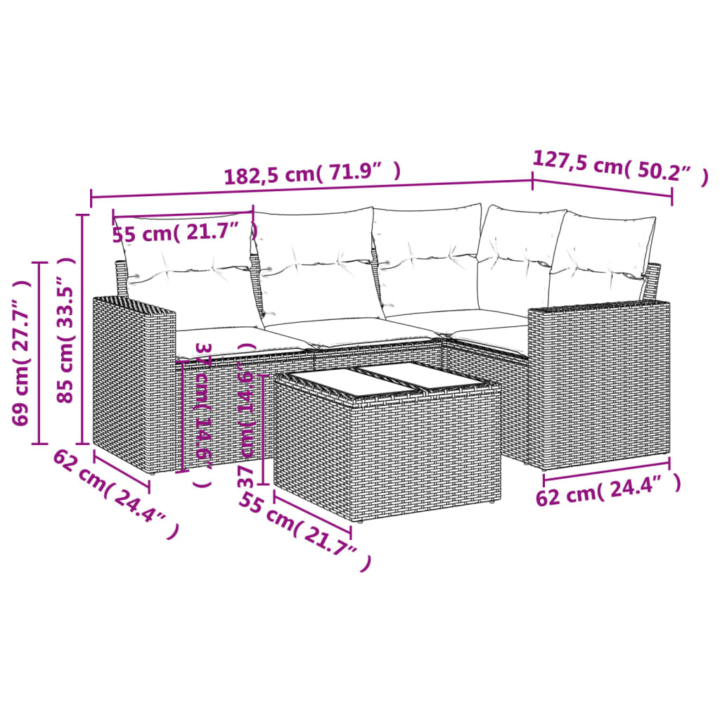 Set Divano Da Giardino 5 Pz Con Cuscini Marrone In Polyrattan - Image 3