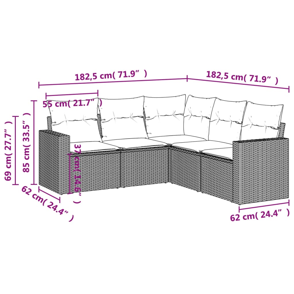 Set Divano Da Giardino 5 Pz Con Cuscini Grigio In Polyrattan - Image 3