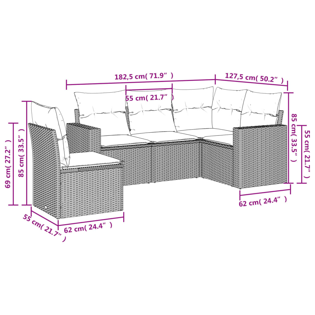 Set Divano Da Giardino 5 Pz Con Cuscini Beige In Polyrattan - Image 3