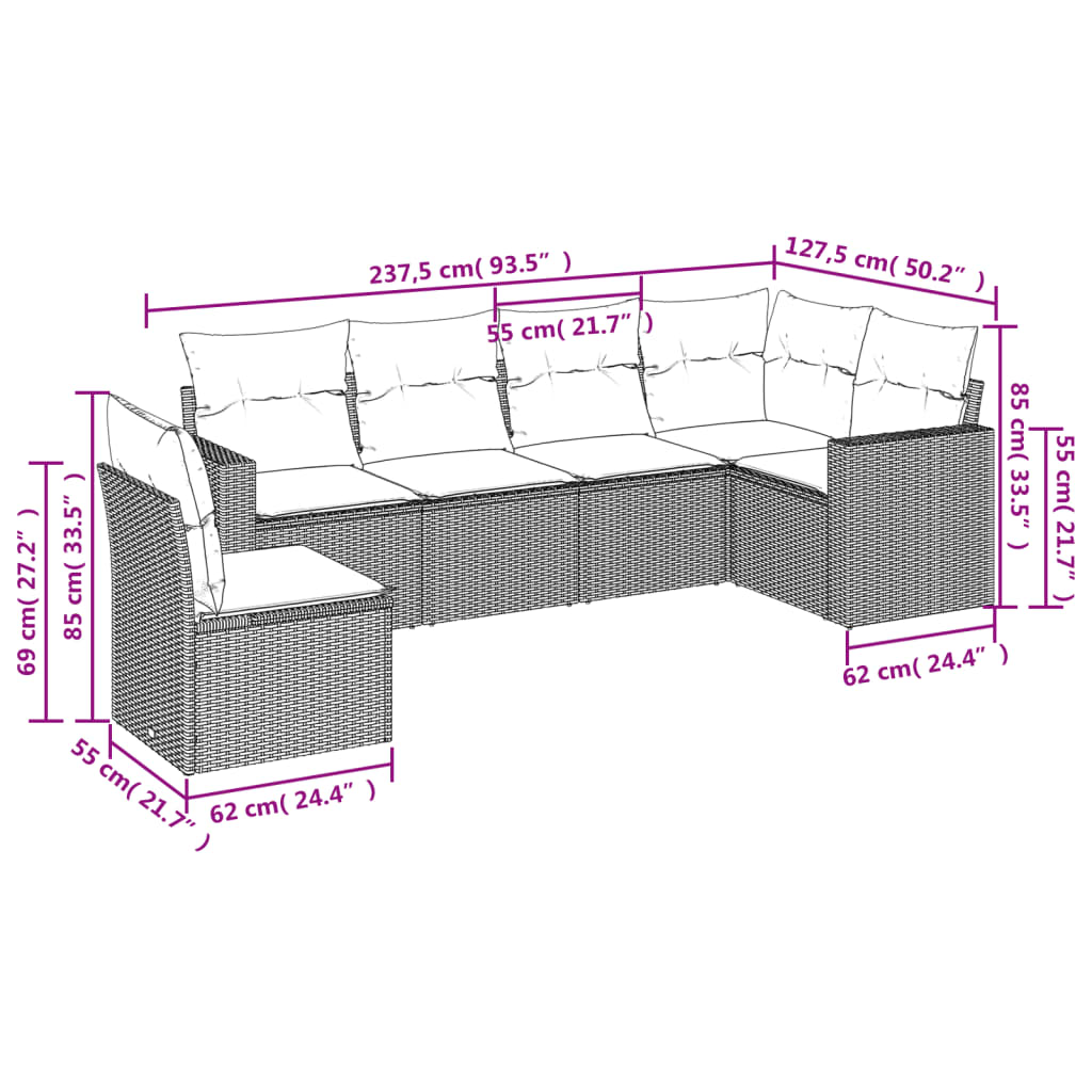 Set Divano Da Giardino 6 Pz Con Cuscini Beige In Polyrattan - Image 3