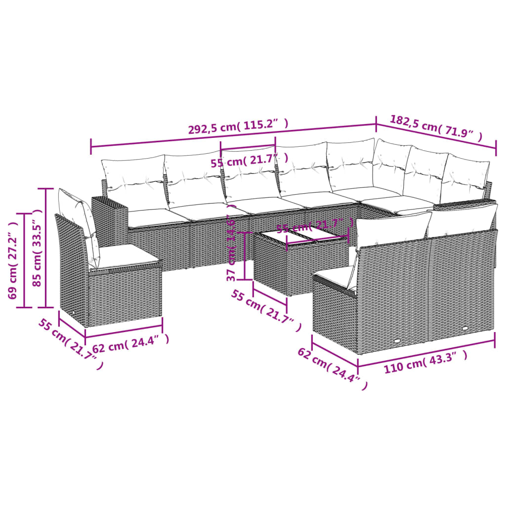 Set Divani Da Giardino 11 Pz Con Cuscini Beige In Polyrattan - Image 3