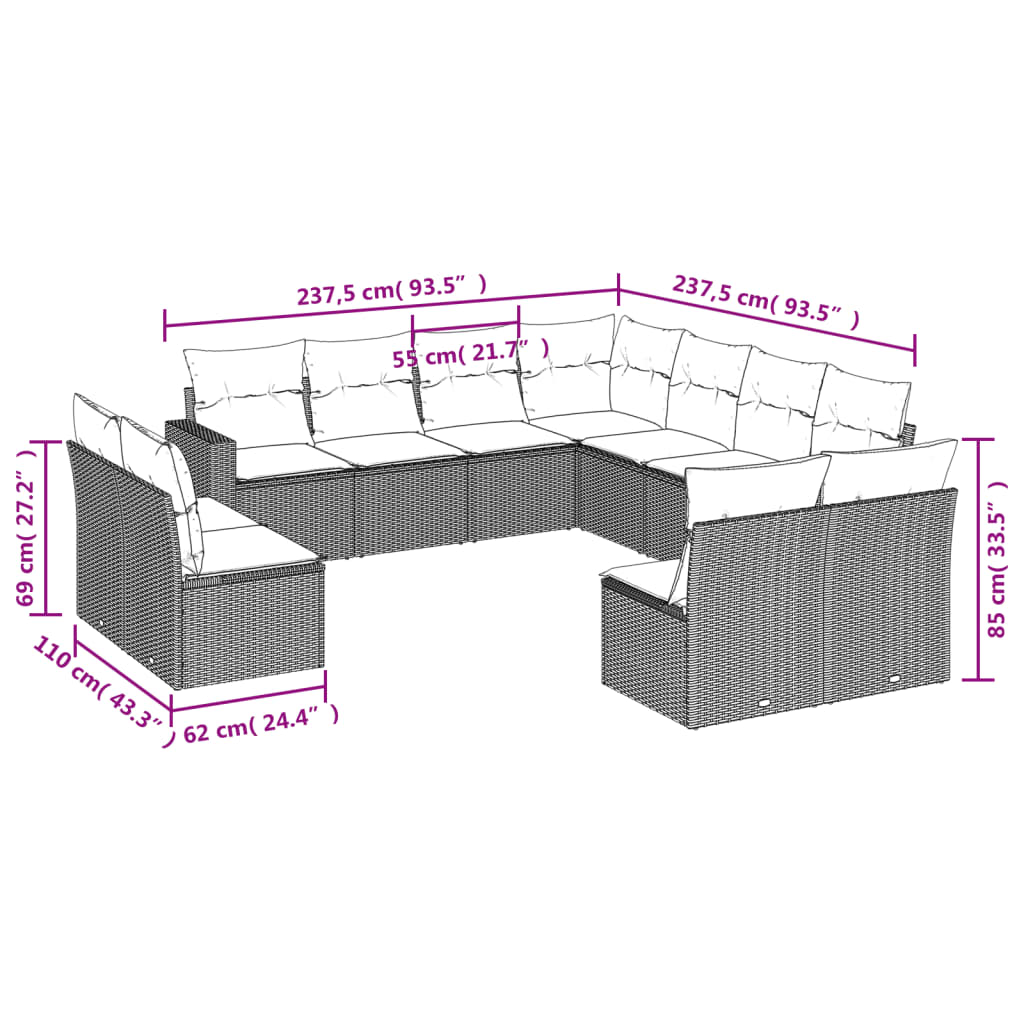 Set Divani Da Giardino 11 Pz Con Cuscini In Polyrattan Nero - Image 3