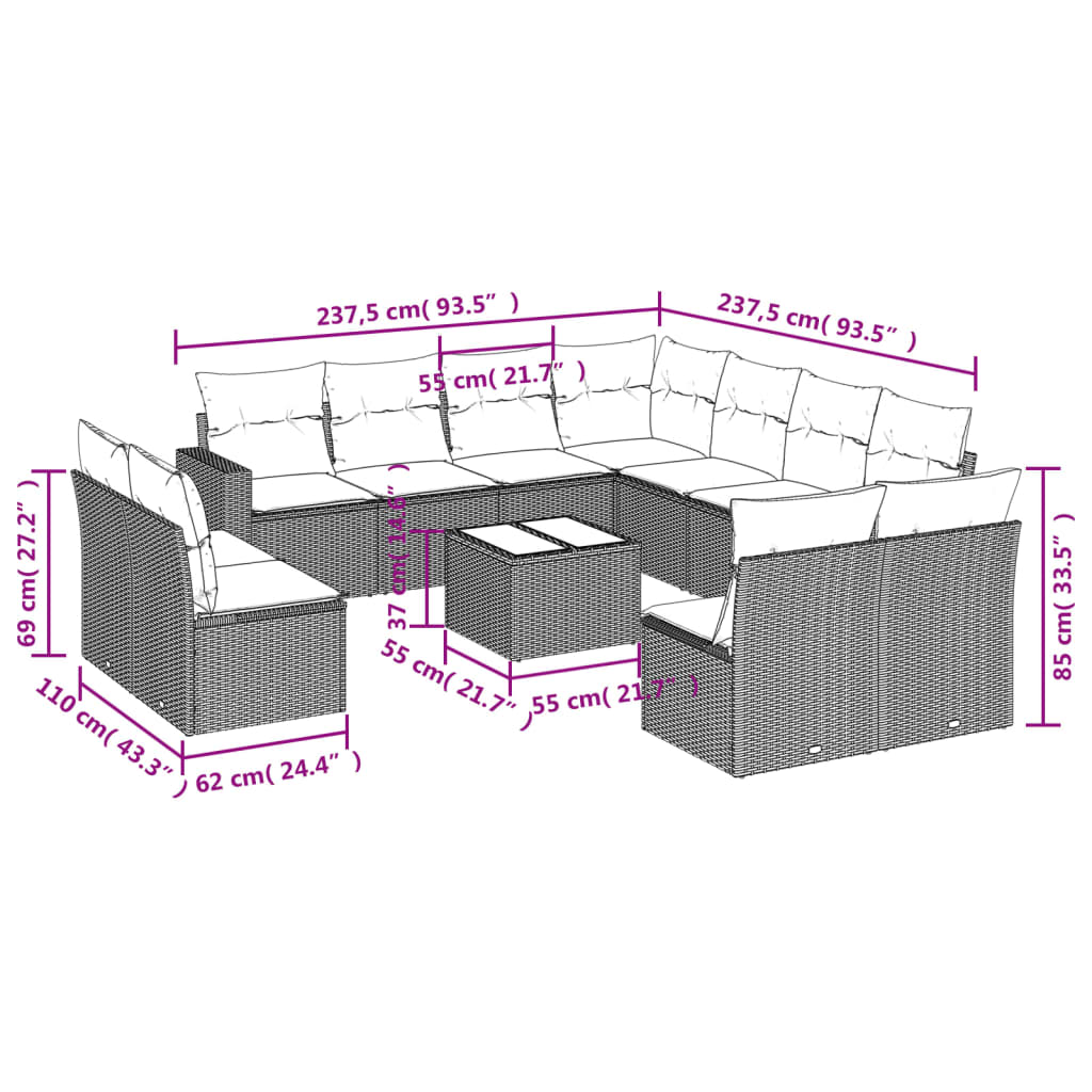 Set Divani Da Giardino 12 Pz Con Cuscini Beige In Polyrattan - Image 3