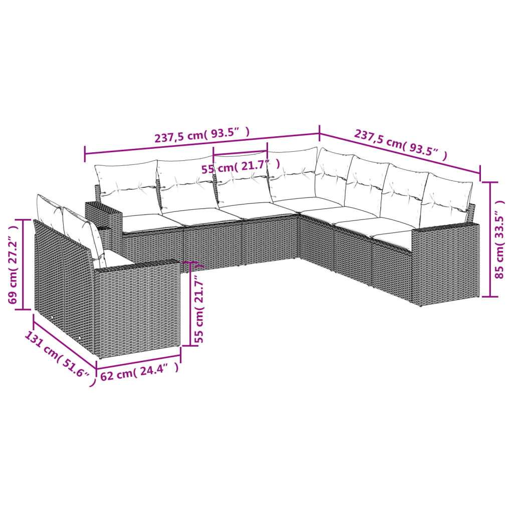 Set Divano Da Giardino 9pz Con Cuscini Grigio Chiaro Polyrattan - Image 3