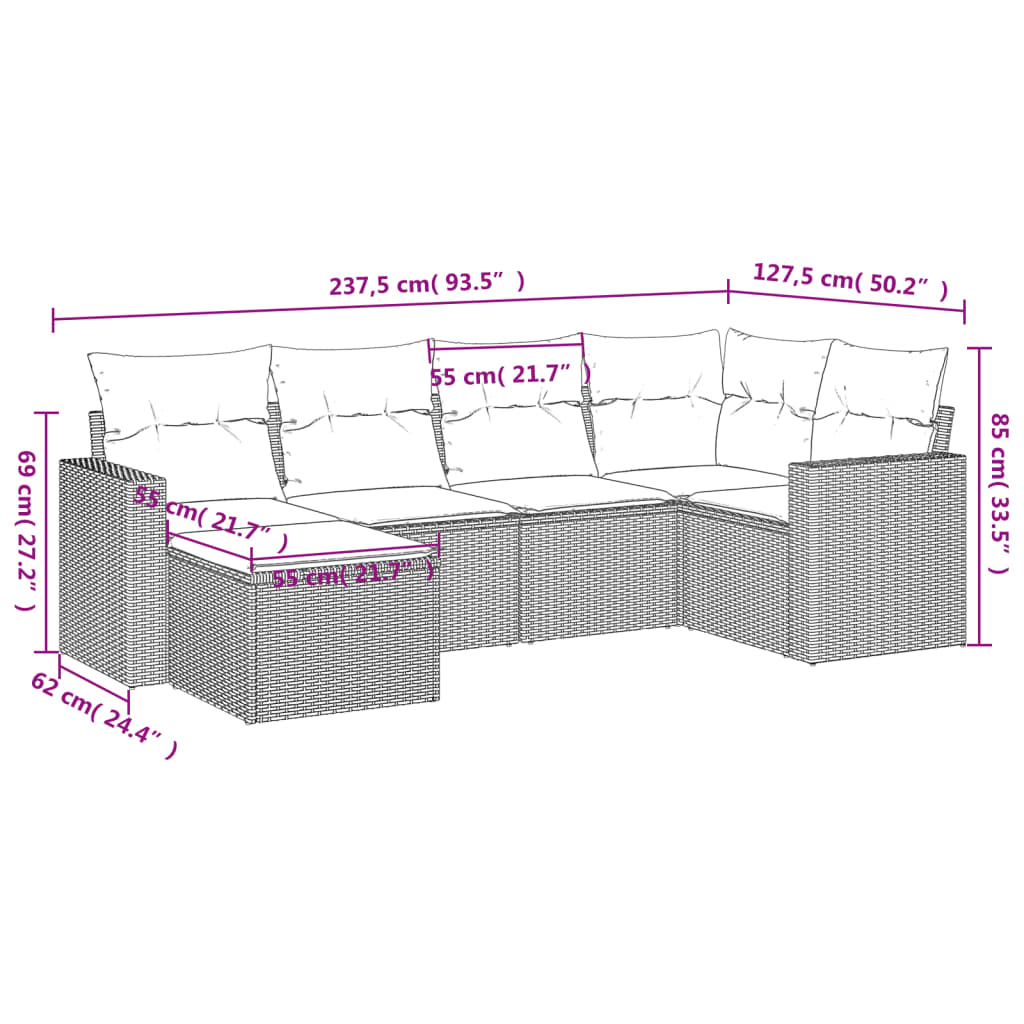 Set Divano Da Giardino 6 Pz Con Cuscini Marrone In Polyrattan - Image 3