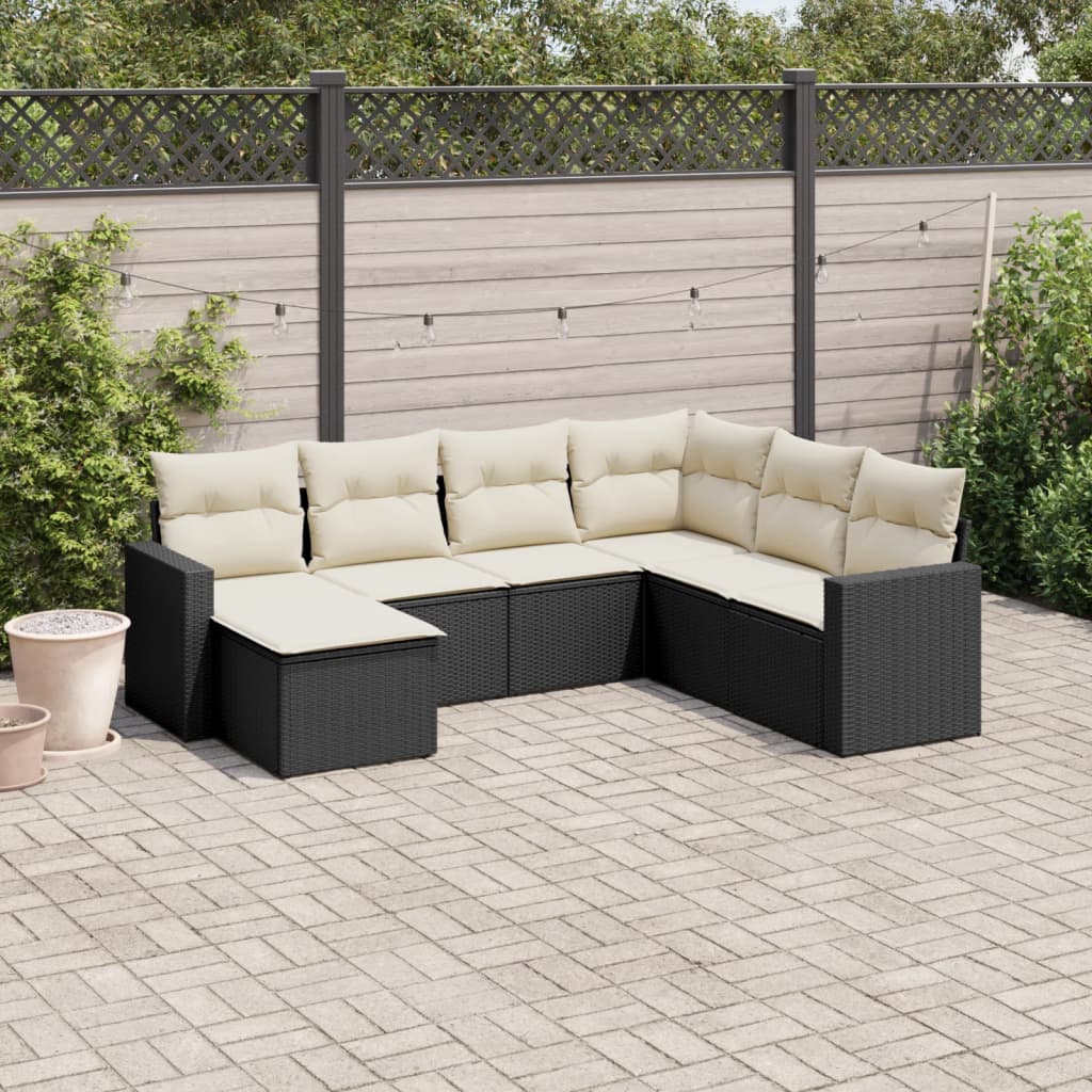 Set Divani Da Giardino Con Cuscini 7pz Nero Polyrattan