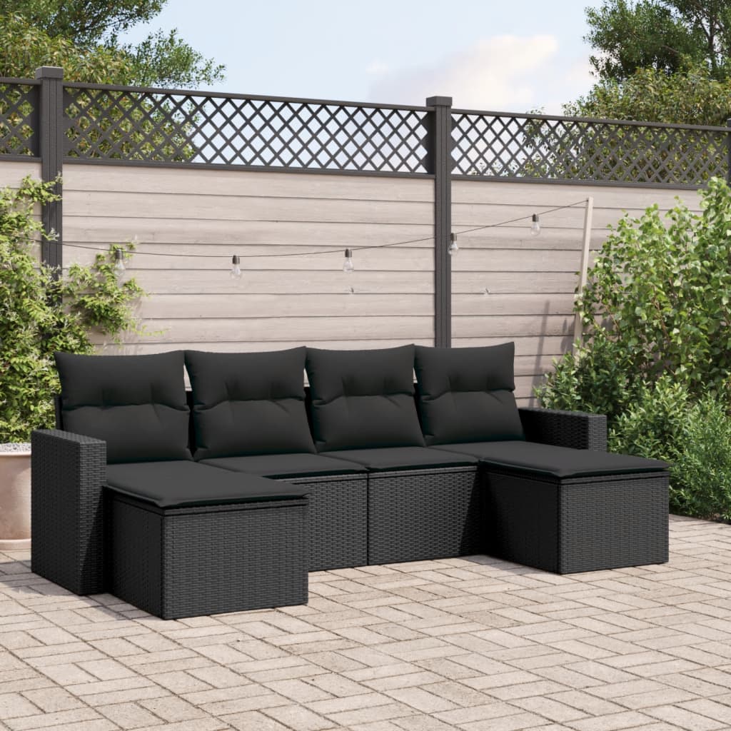 Set Divano Da Giardino 6 Pz Con Cuscini Nero In Polyrattan