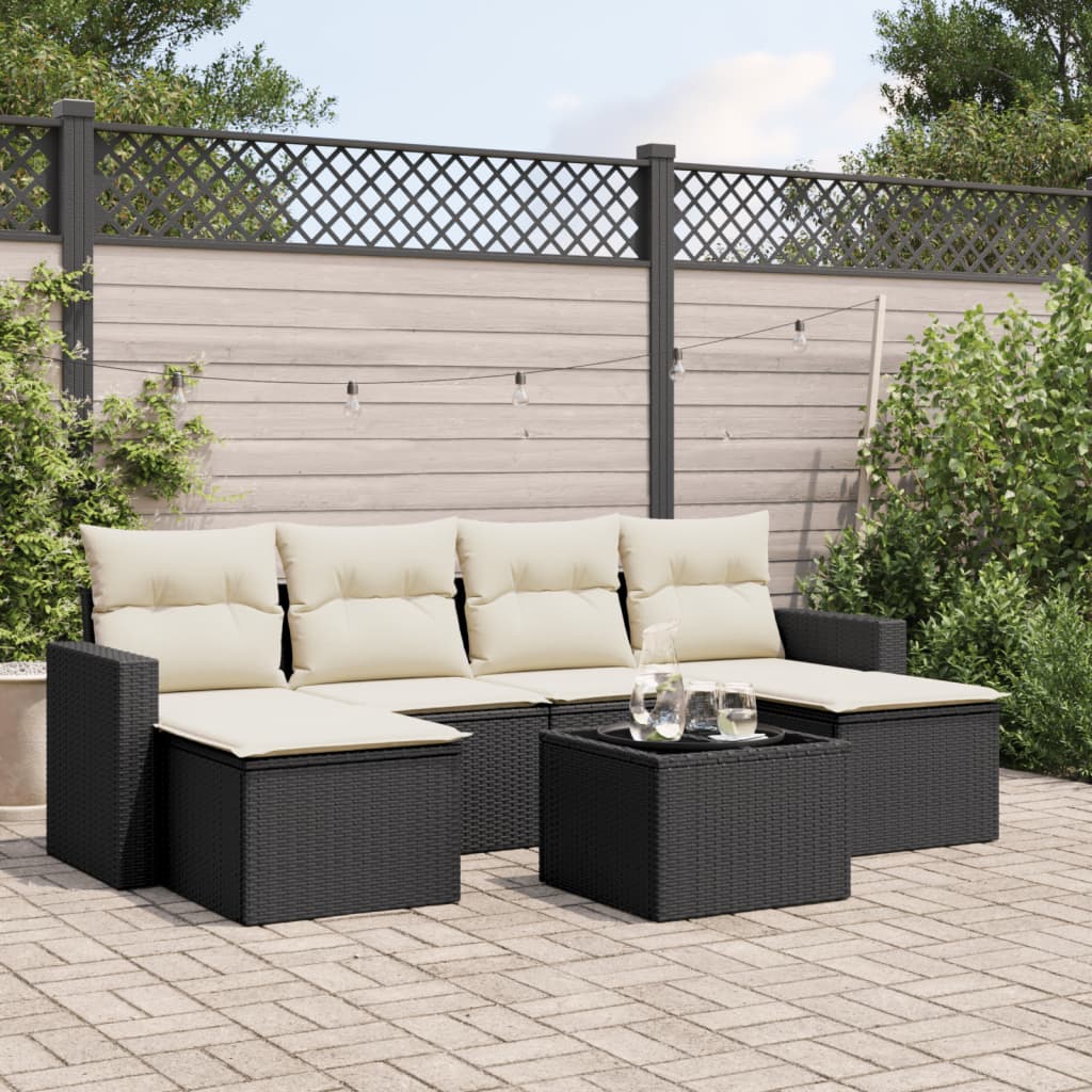 Set Divani Da Giardino Con Cuscini 7pz Nero Polyrattan