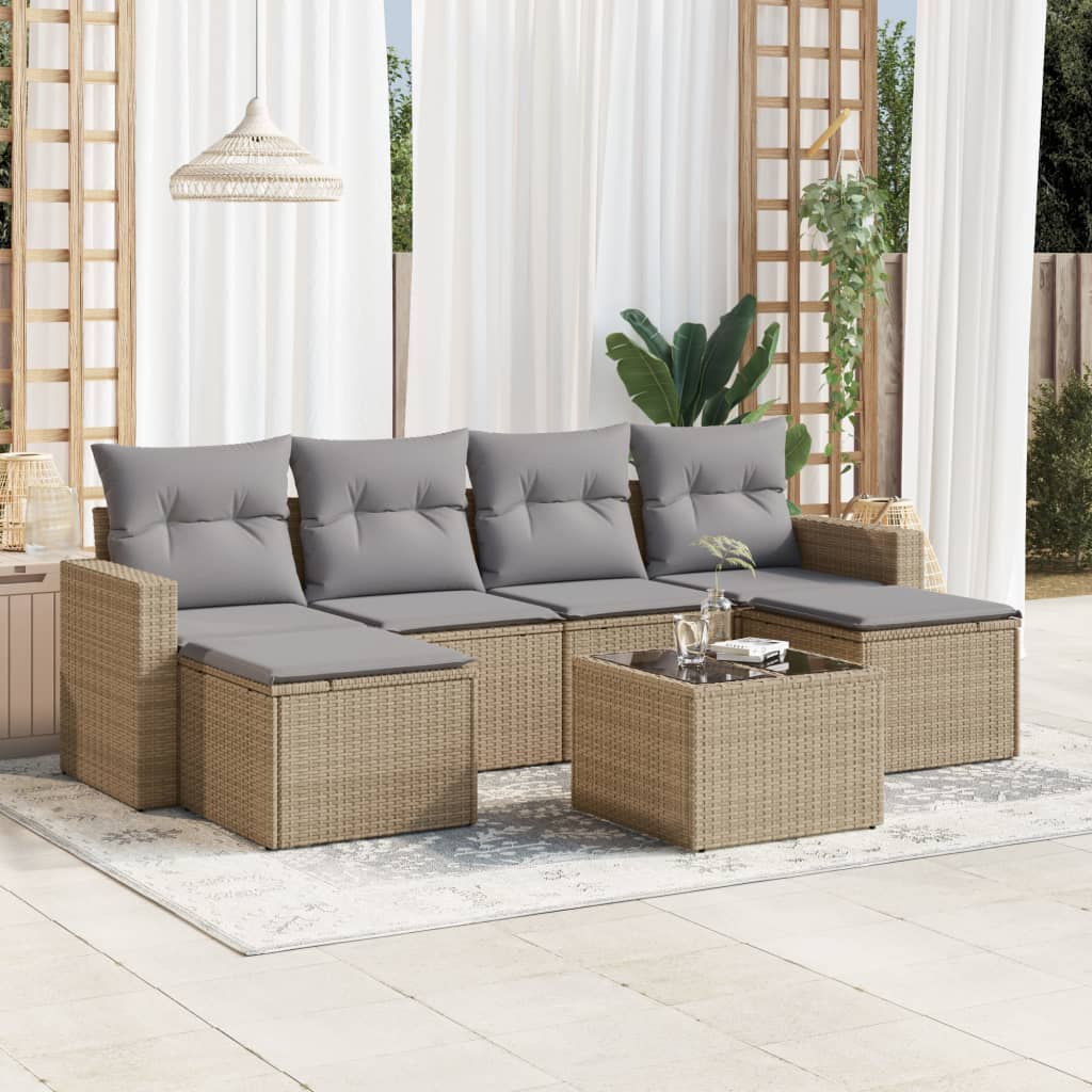Set Divani Da Giardino 7 Pz Con Cuscini Beige In Polyrattan