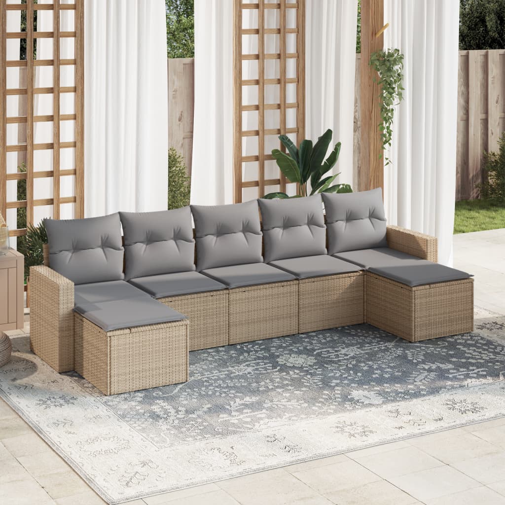 Set Divani Da Giardino 7 Pz Con Cuscini Beige In Polyrattan