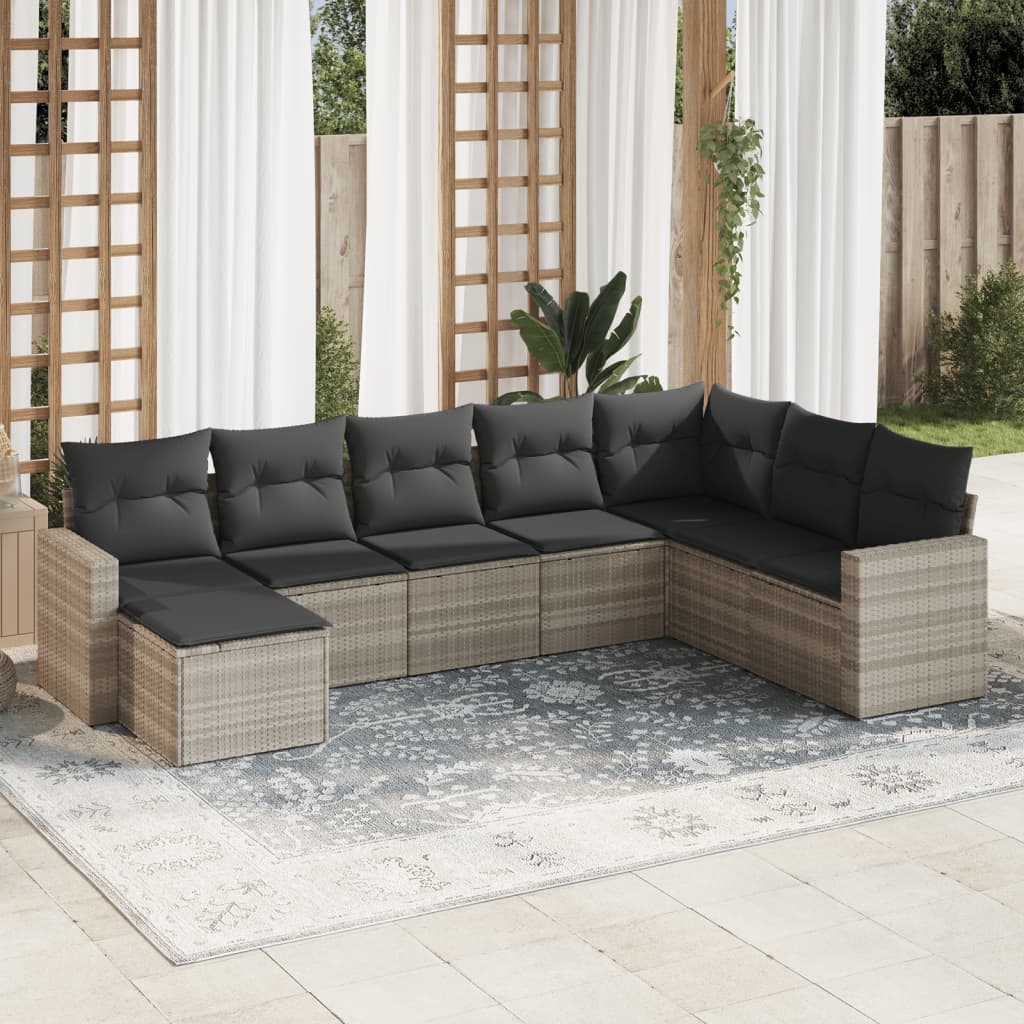 Set Divano Da Giardino 8pz Con Cuscini Grigio Chiaro Polyrattan