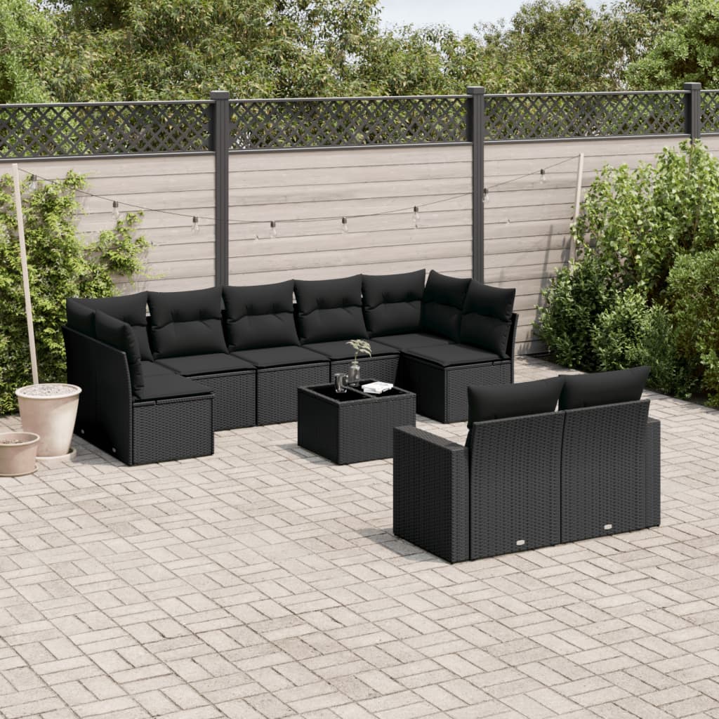 Set Divani Da Giardino 10pz Con Cuscini In Polyrattan Nero