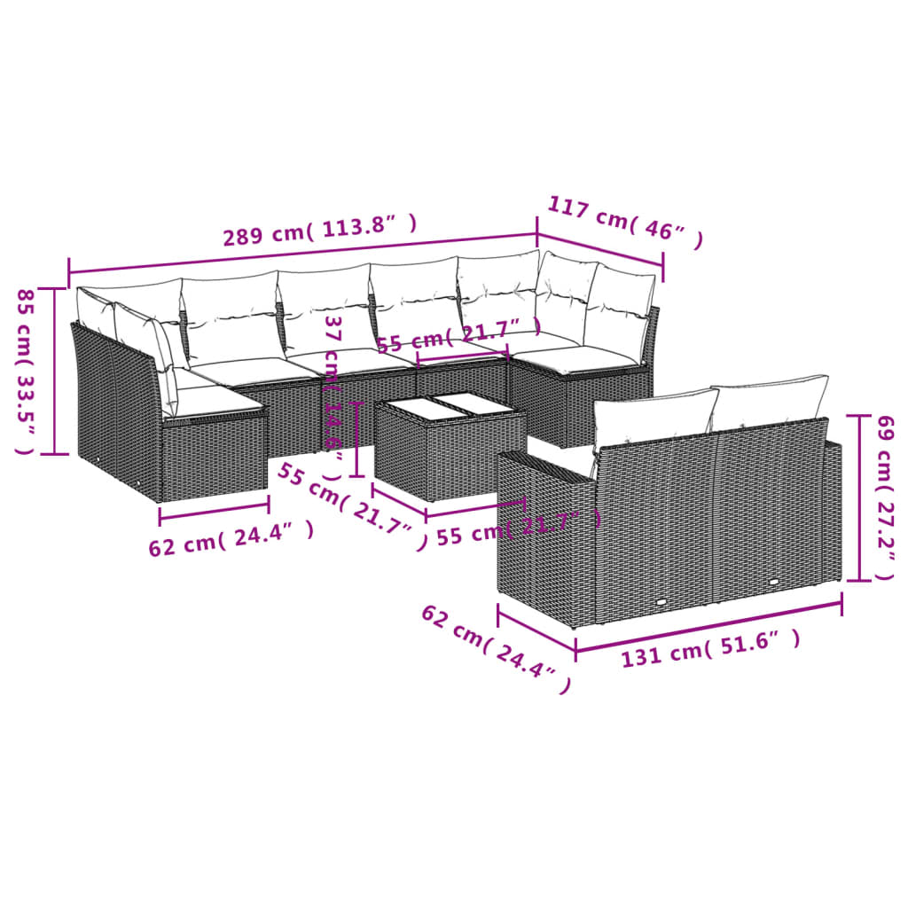 Set Divani Da Giardino 10pz Con Cuscini In Polyrattan Nero - Image 3
