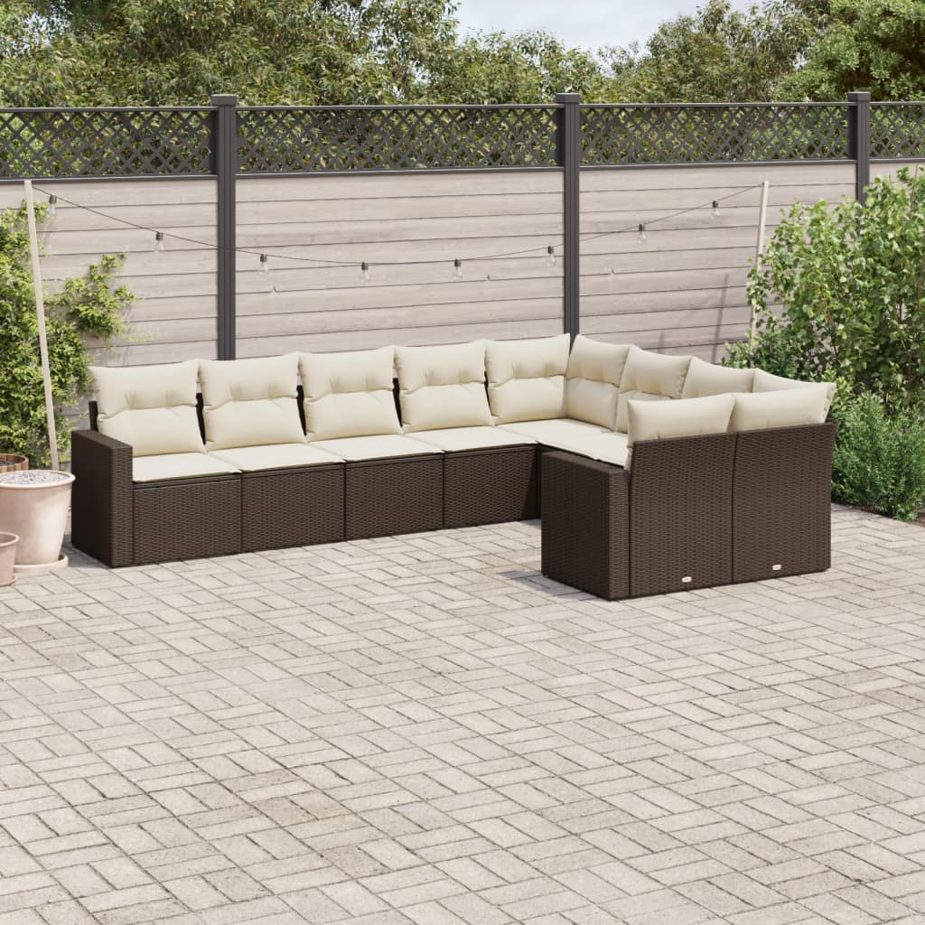 Set Divani Da Giardino 9pz Con Cuscini Marrone In Polyrattan