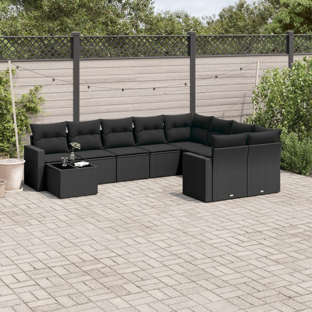 Set Divani Da Giardino 10pz Con Cuscini In Polyrattan Nero