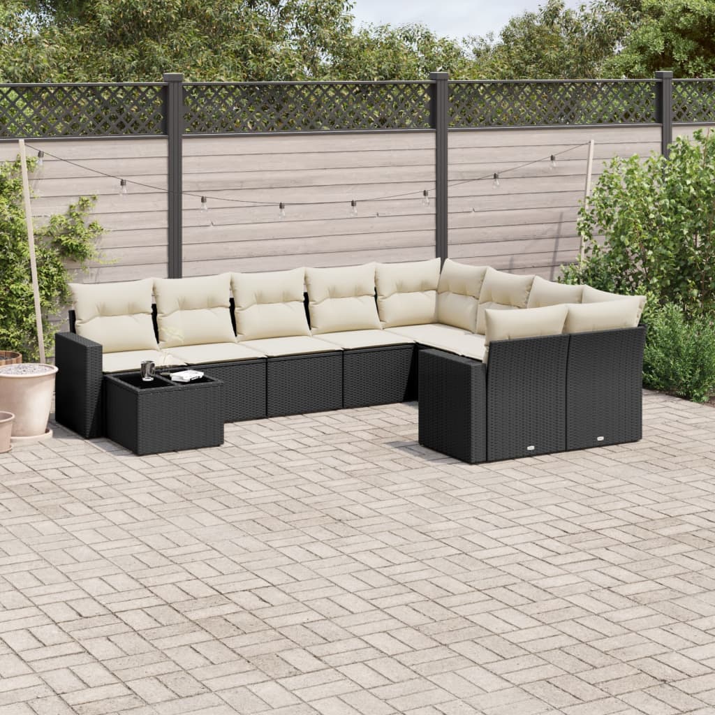 Set Divani Da Giardino 10pz Con Cuscini In Polyrattan Nero