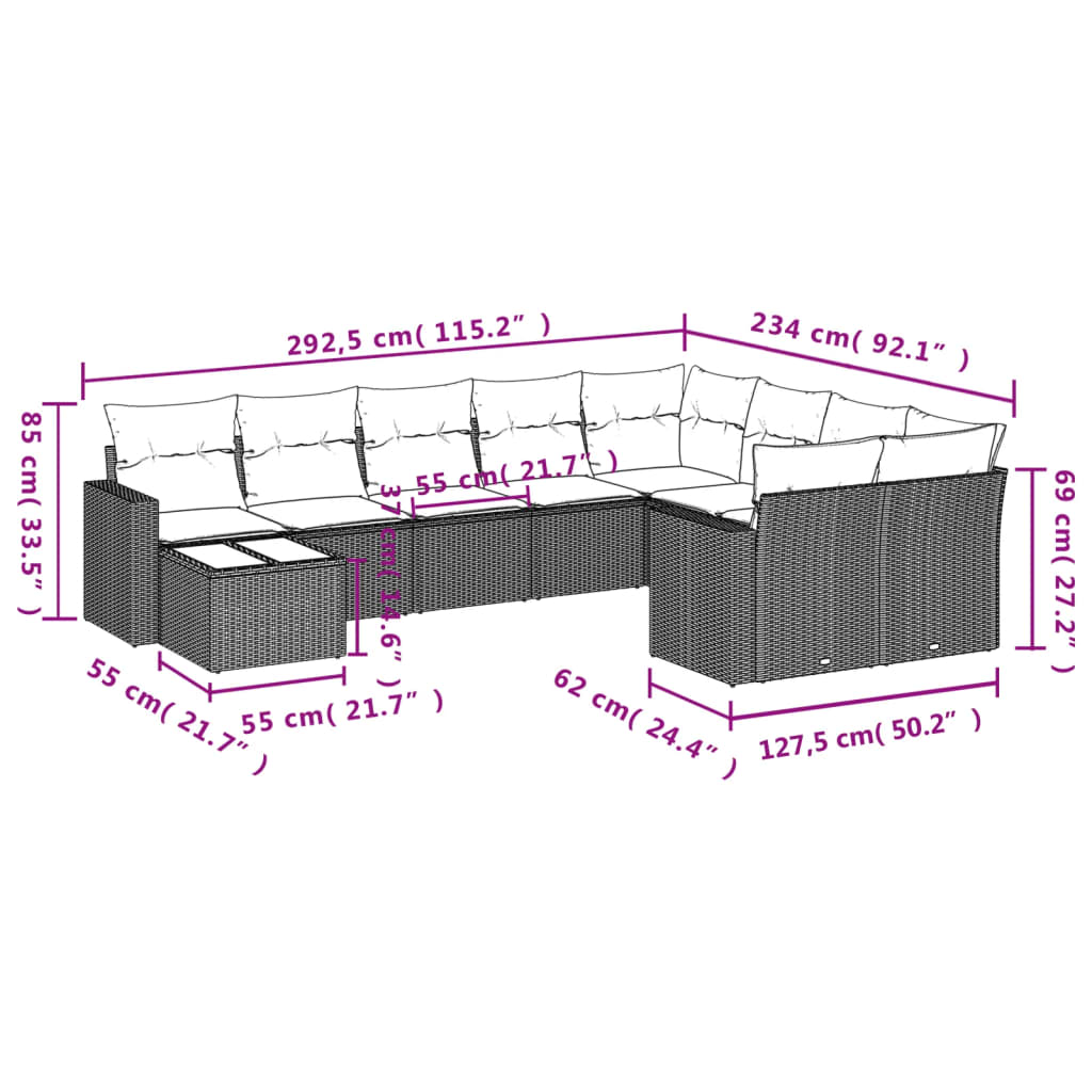 Set Divani Da Giardino 10pz Con Cuscini In Polyrattan Nero - Image 3