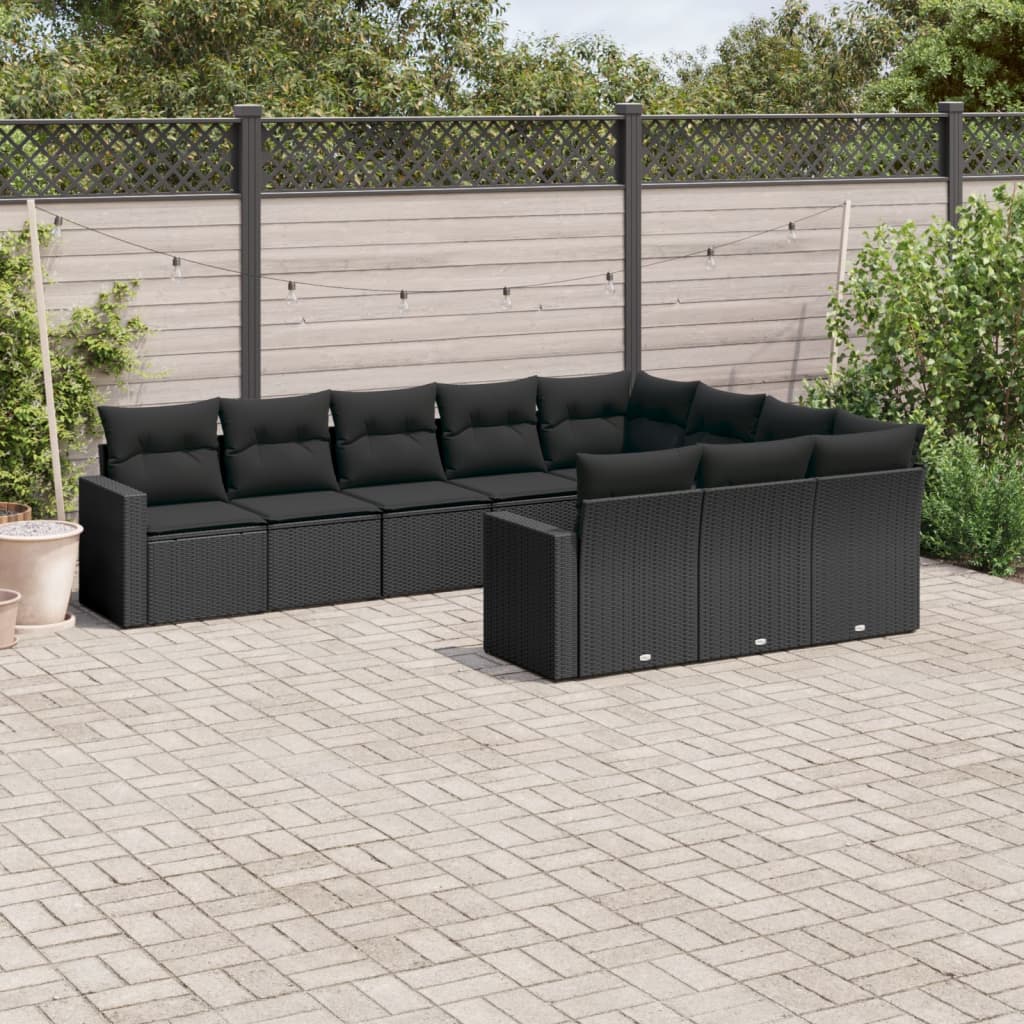Set Divani Da Giardino 10pz Con Cuscini In Polyrattan Nero