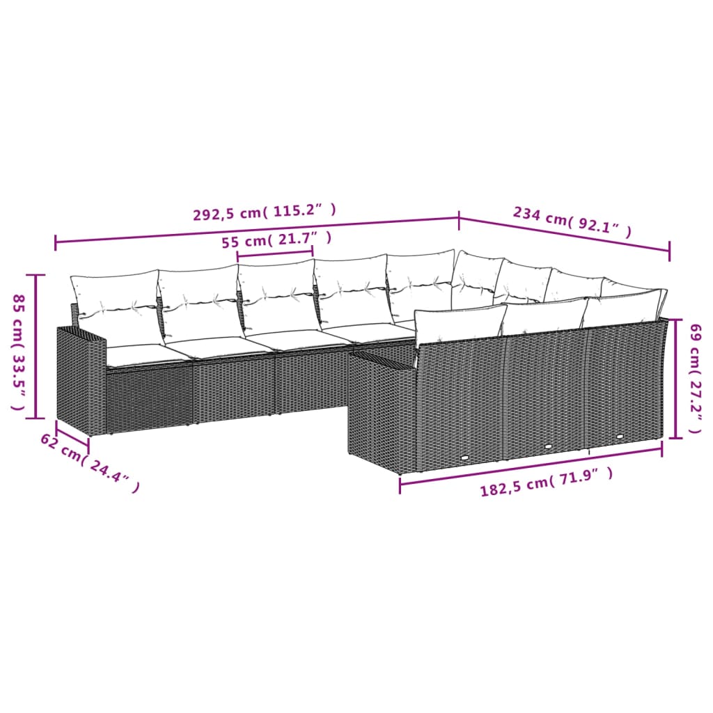 Set Divani Da Giardino 10pz Con Cuscini In Polyrattan Nero - Image 3