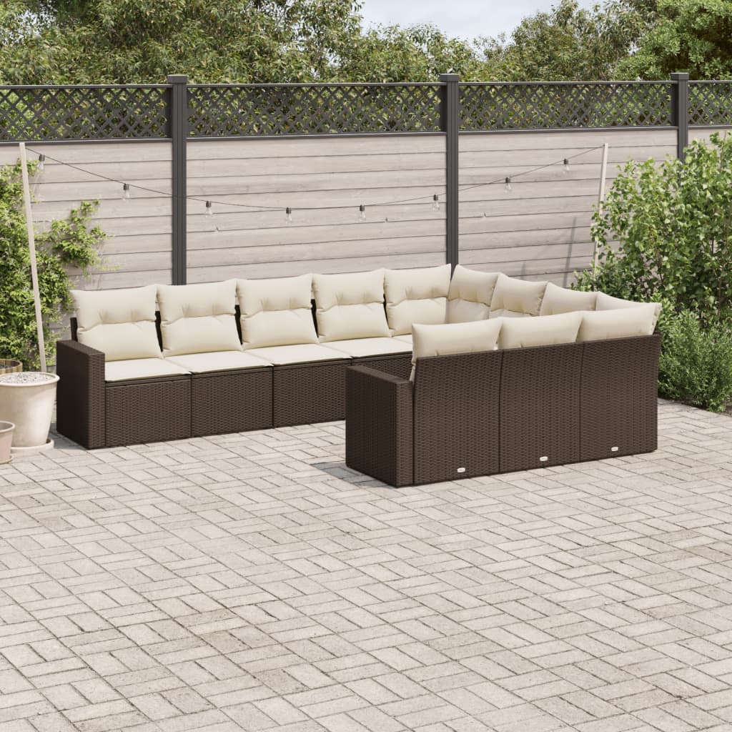 Set Divani Da Giardino 10pz Con Cuscini In Polyrattan Marrone