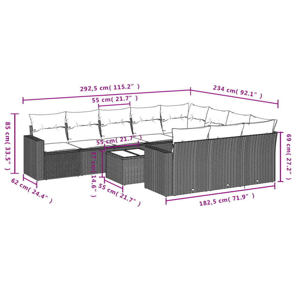 Set Divani Da Giardino 11 Pz Con Cuscini In Polyrattan Grigio - Image 3