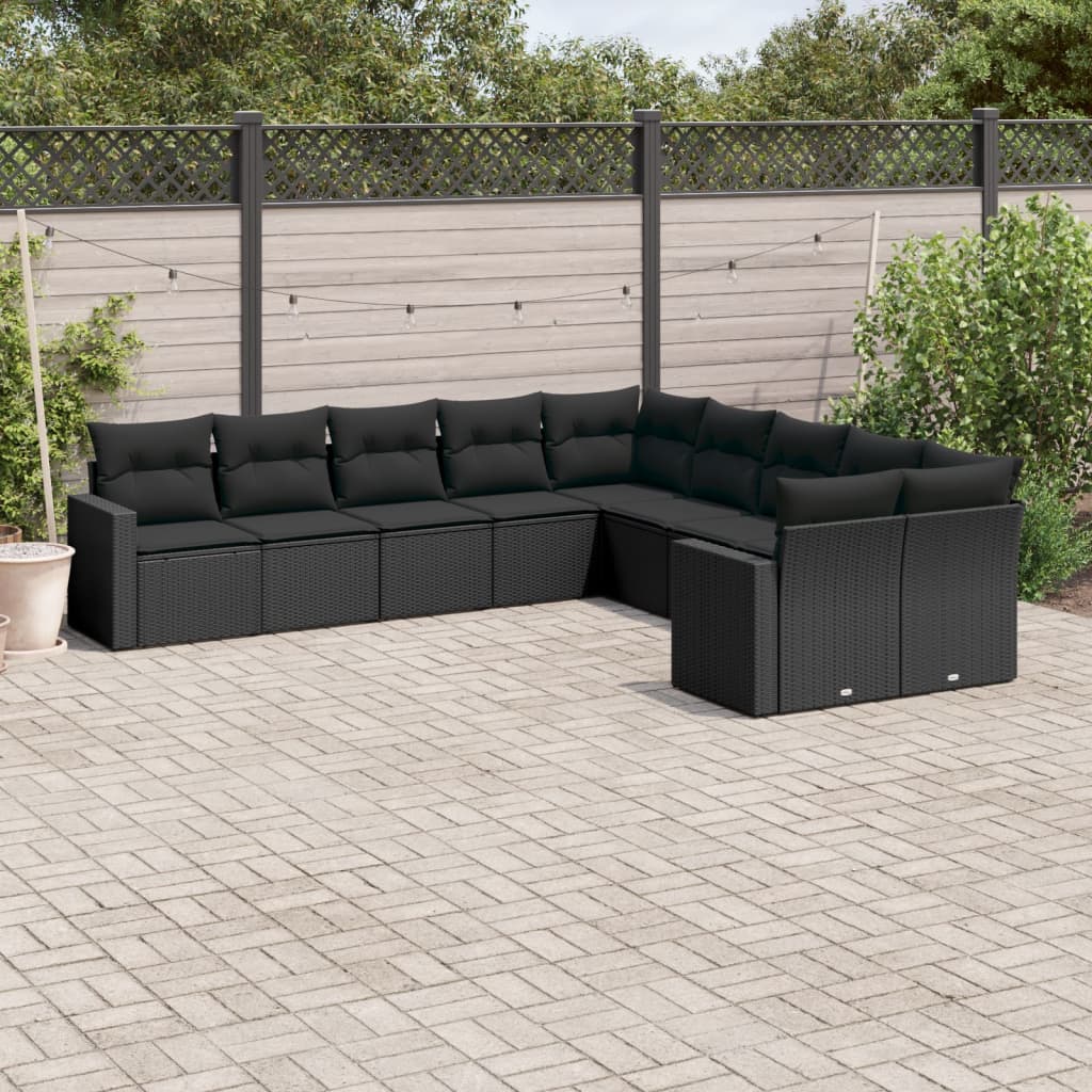 Set Divani Da Giardino 10pz Con Cuscini In Polyrattan Nero