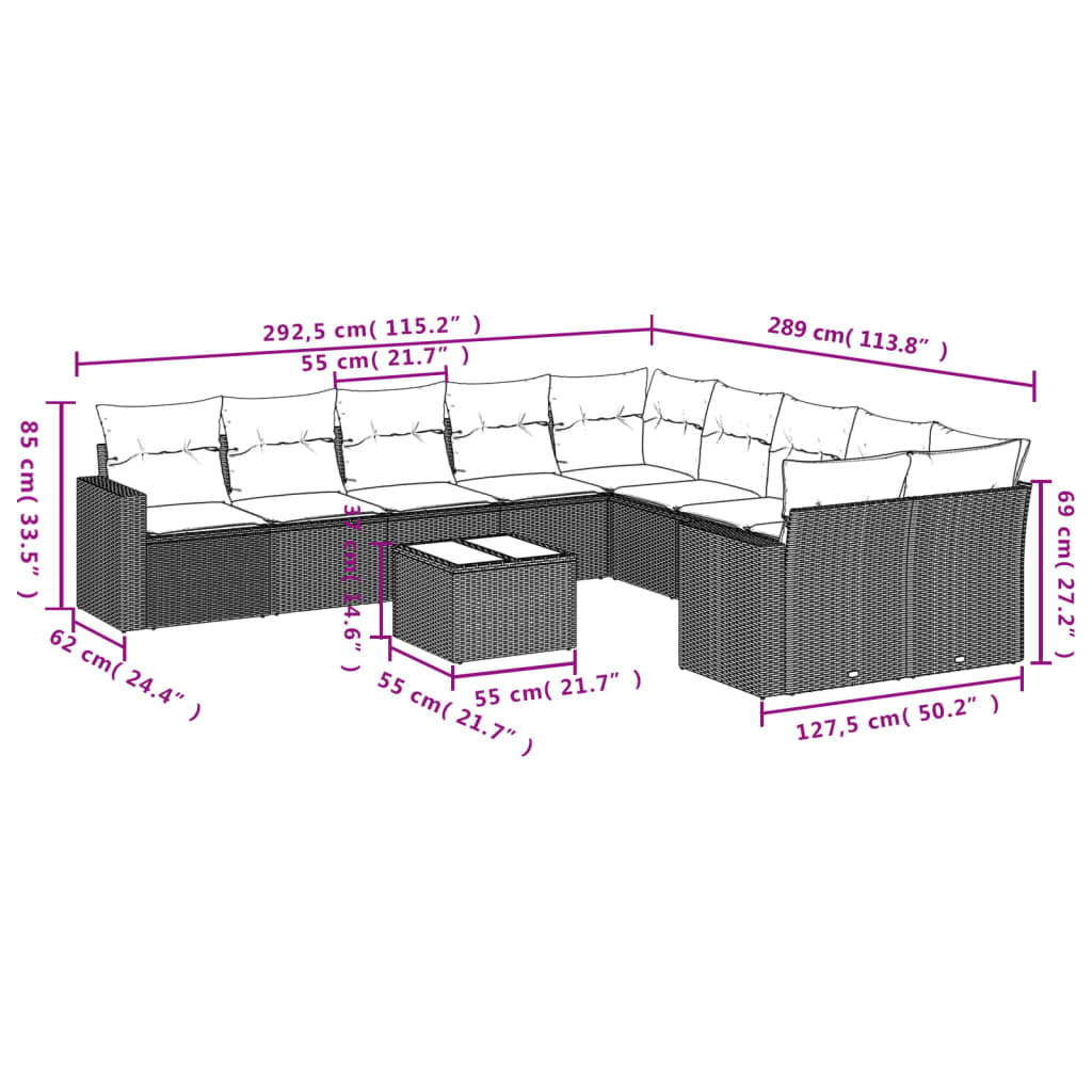 Set Divani Da Giardino 11 Pz Con Cuscini Polyrattan Marrone - Image 3