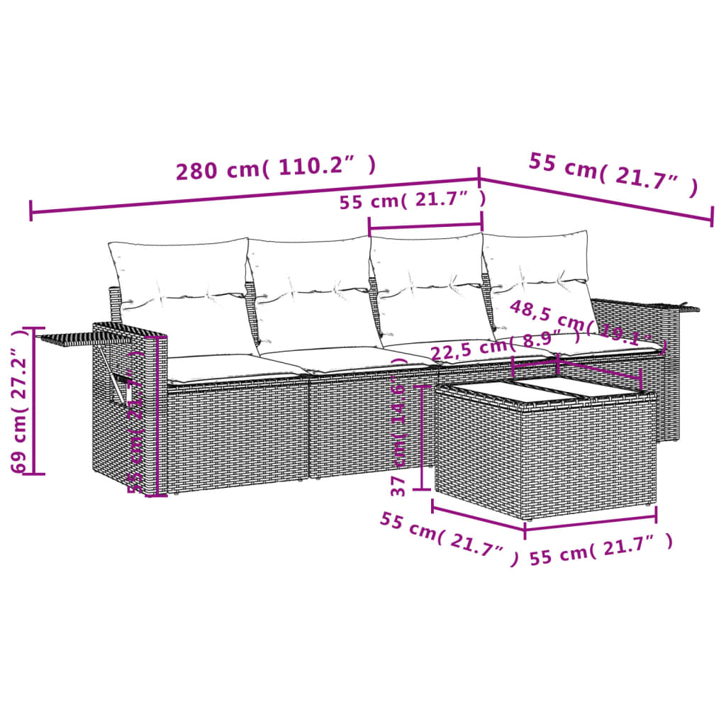 Set Divano Da Giardino 5 Pz Con Cuscini Beige In Polyrattan - Image 3