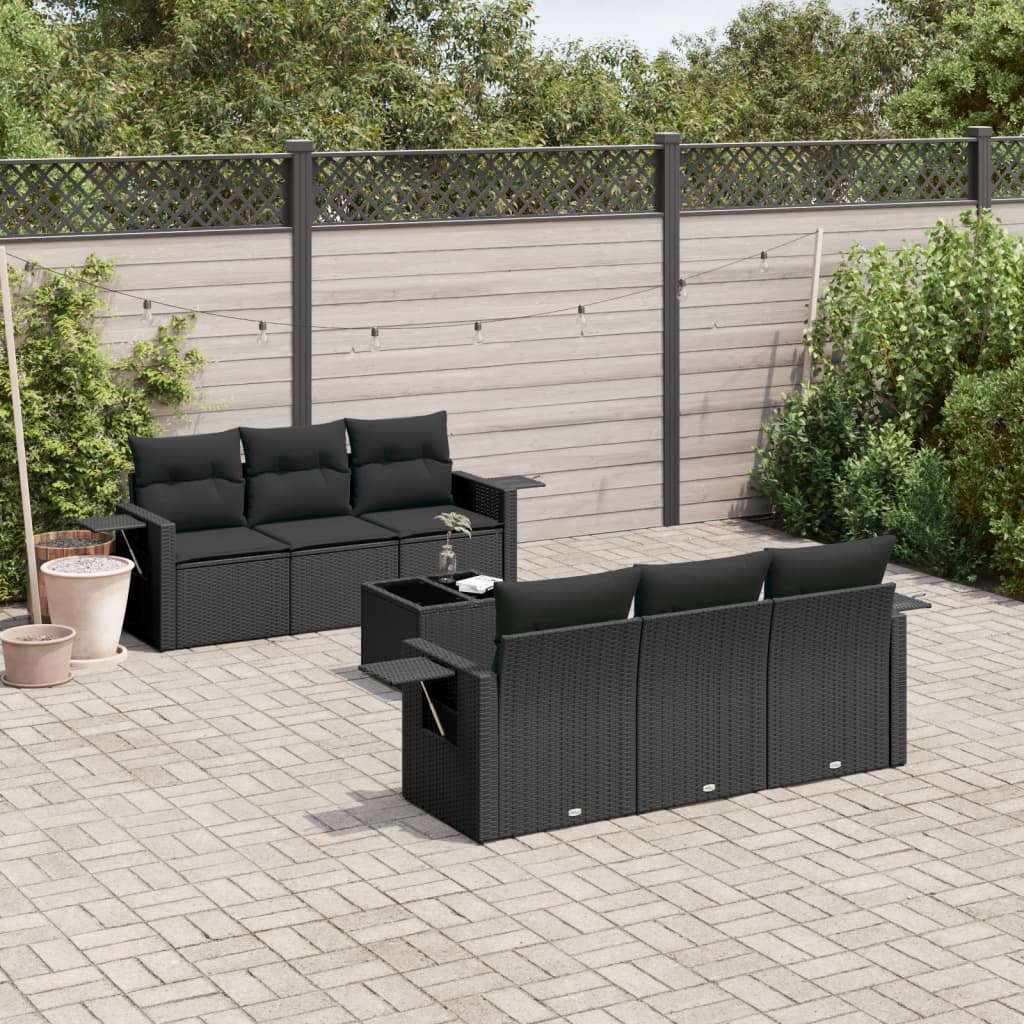 Set Divani Da Giardino Con Cuscini 7pz Nero Polyrattan