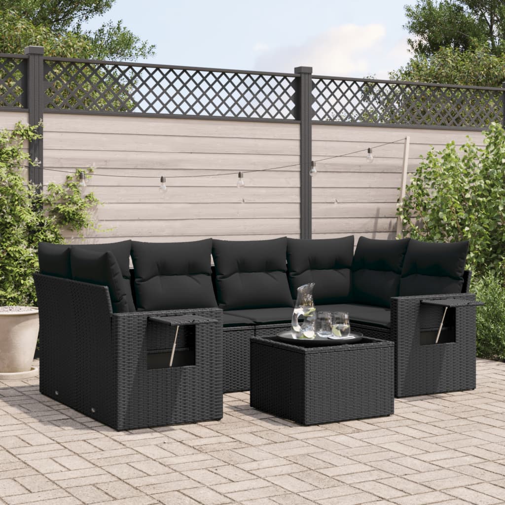 Set Divani Da Giardino Con Cuscini 7pz Nero Polyrattan