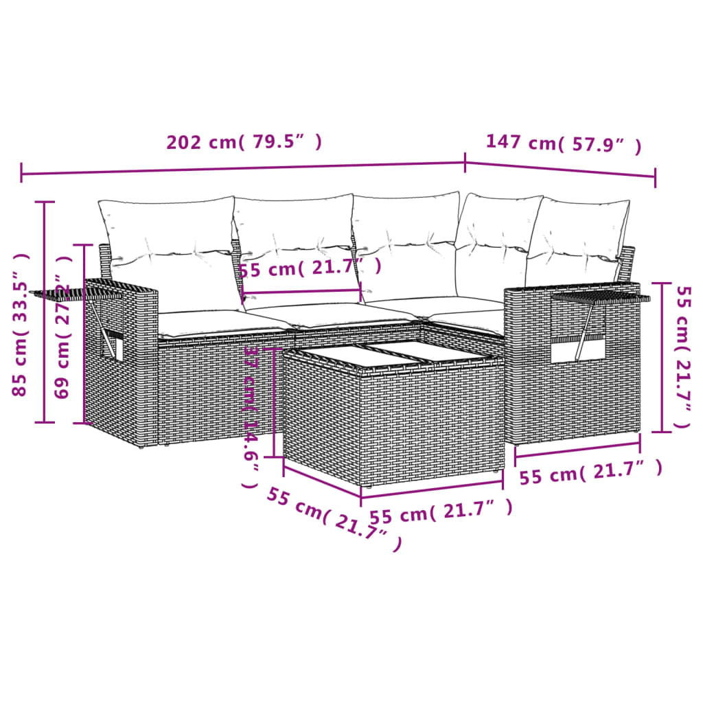 Set Divano Da Giardino 5 Pz Con Cuscini Grigio In Polyrattan - Image 3